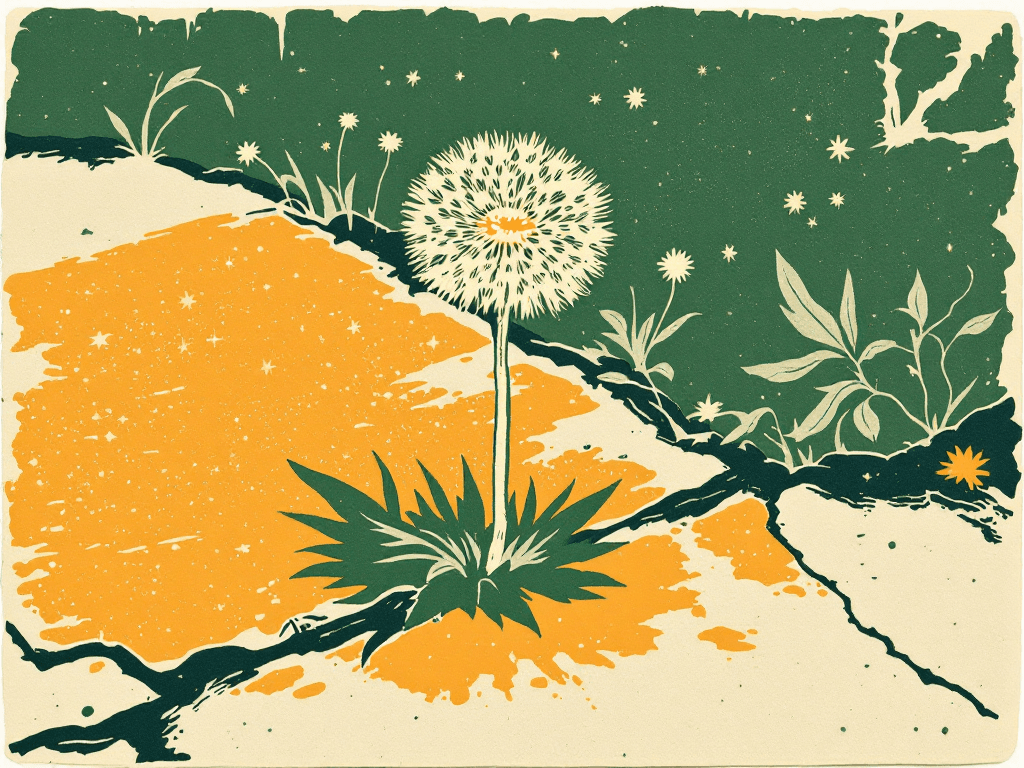 A bold two-color botanical zine plate in deep green and orange on cream newsprint, woodcut-style plant forms.