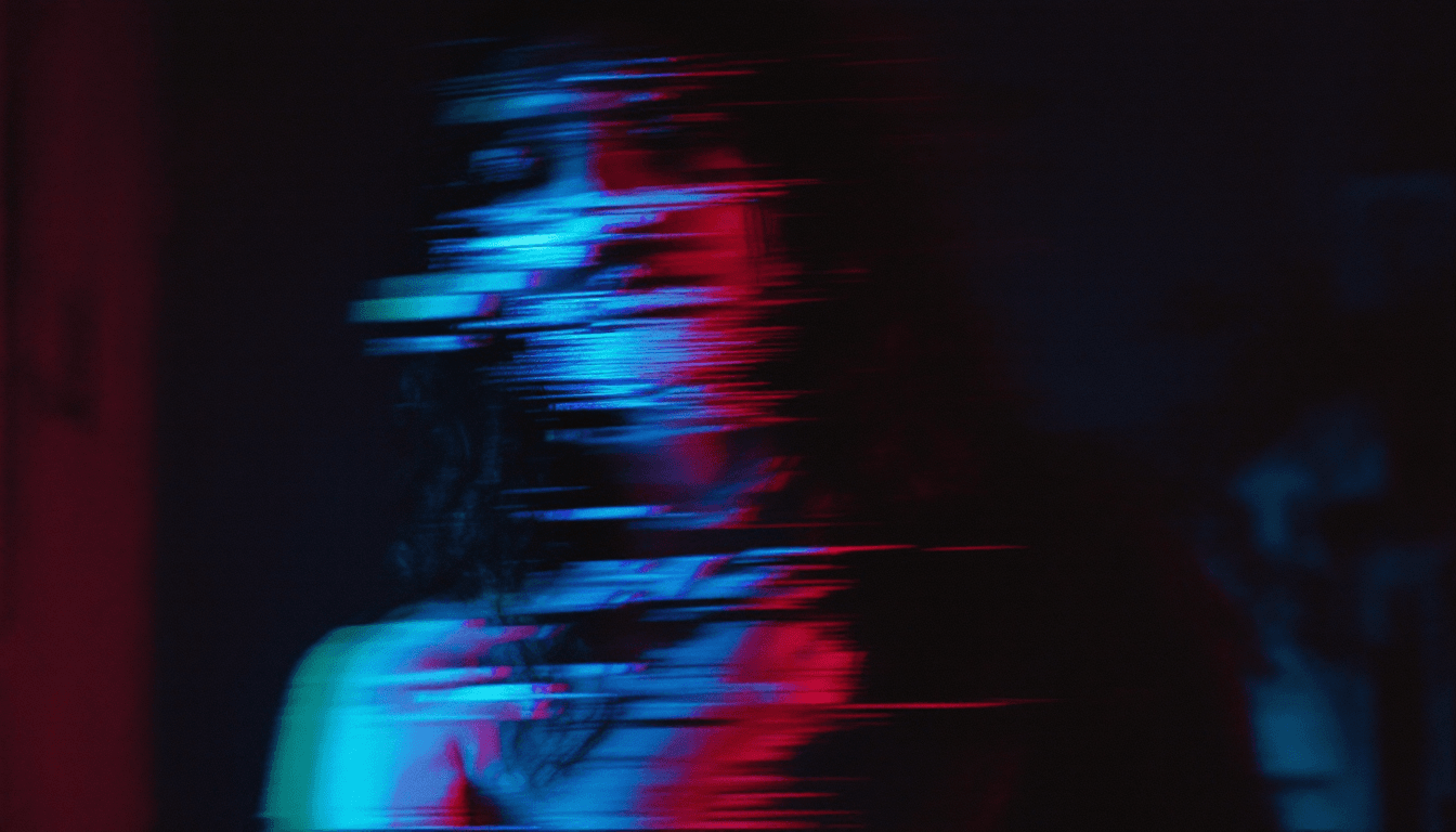 A corrupted video still with RGB channel split and horizontal datamosh tears in cyan and magenta over dark.