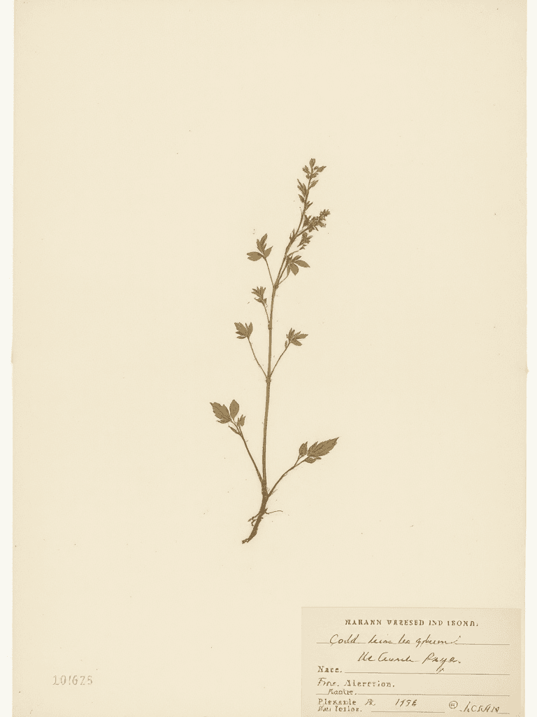 A single dried botanical specimen pressed and pinned to a pale herbarium sheet, sage-toned and archival.