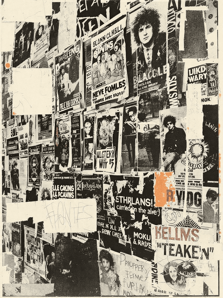 A high-contrast photocopied photo fragment with a torn paper edge, punk zine style.