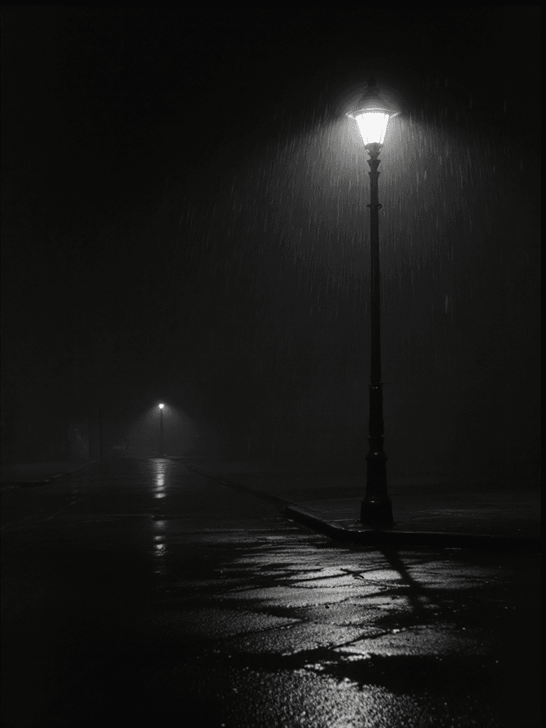 A rain-wet street corner in deep shadow, lit by a single source, in high-contrast noir monochrome.