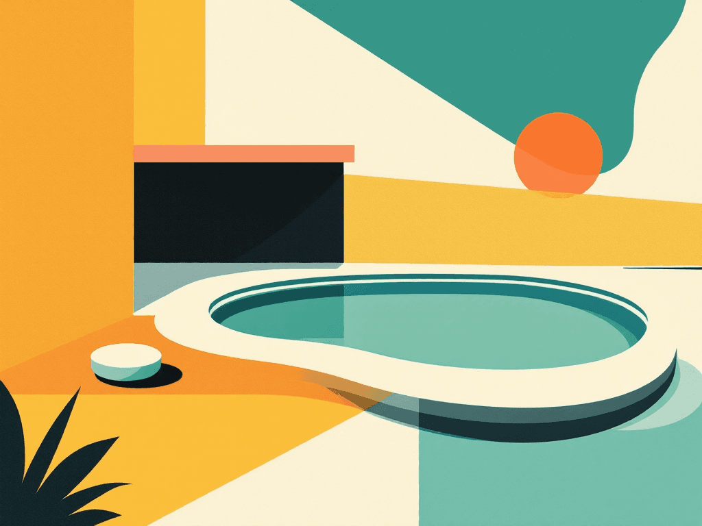 Flat geometric mid-century shapes in mustard, teal, and brick on a cream ground.