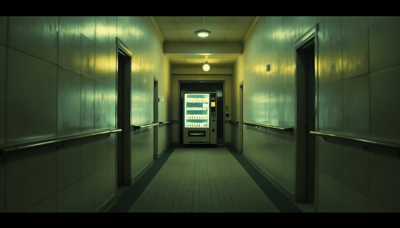 An empty fluorescent-lit corridor at an indeterminate hour, a glowing vending machine at the far end against pale institutional walls.
