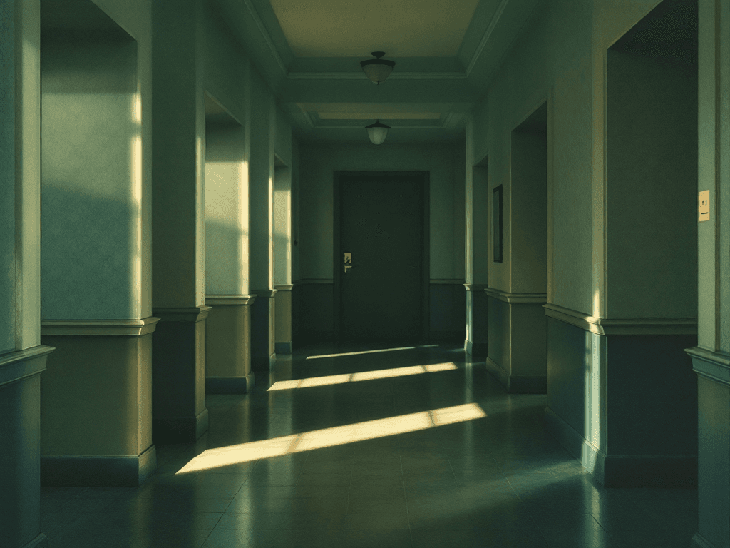 An empty interior hallway in late afternoon light, sun falling across the floor toward a closed door at the far end.