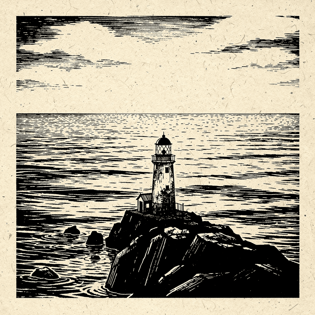 A solitary lighthouse on black rock at the edge of a flat, motionless sea, its lamp dark, rendered as a high-contrast black-ink linocut on bone paper.