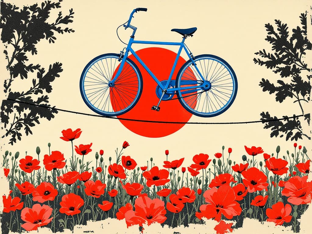 Punk zine cut-and-paste collage in the style of 1977 Jamie Reid, a bright blue bicycle balanced on a tightrope over a field of red poppies, photocopied halft...