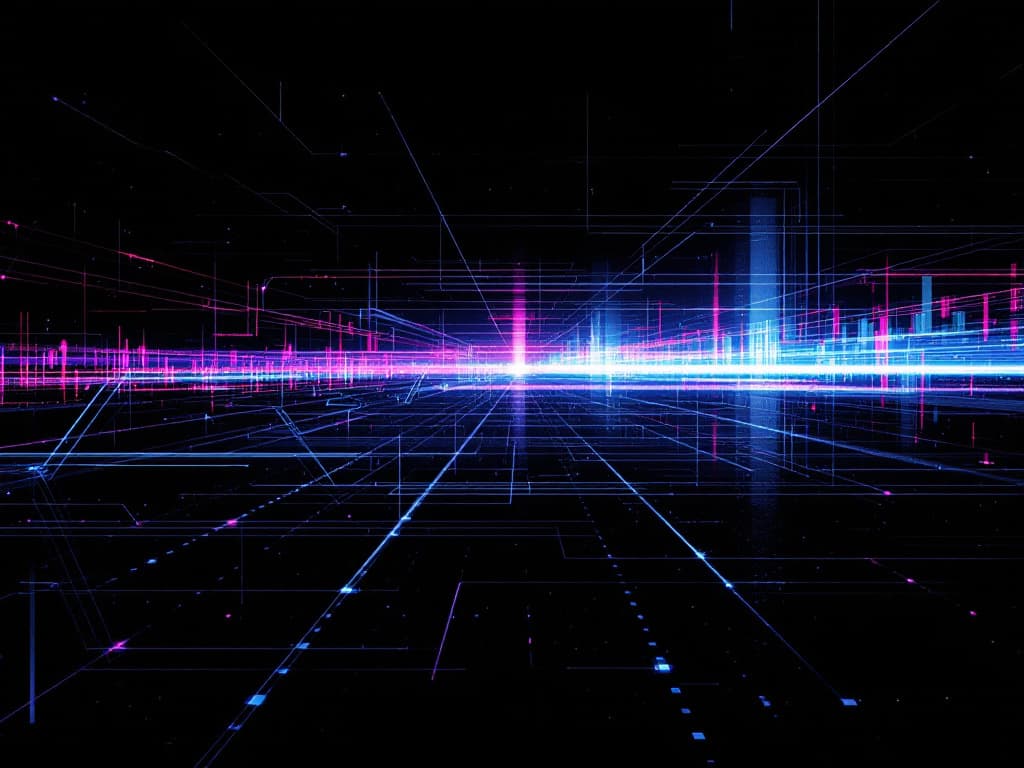 Digital glitch art in the style of Rosa Menkman's video feedback theory, a vast network of cables stretching across a dark agricultural field, RGB channel sp...