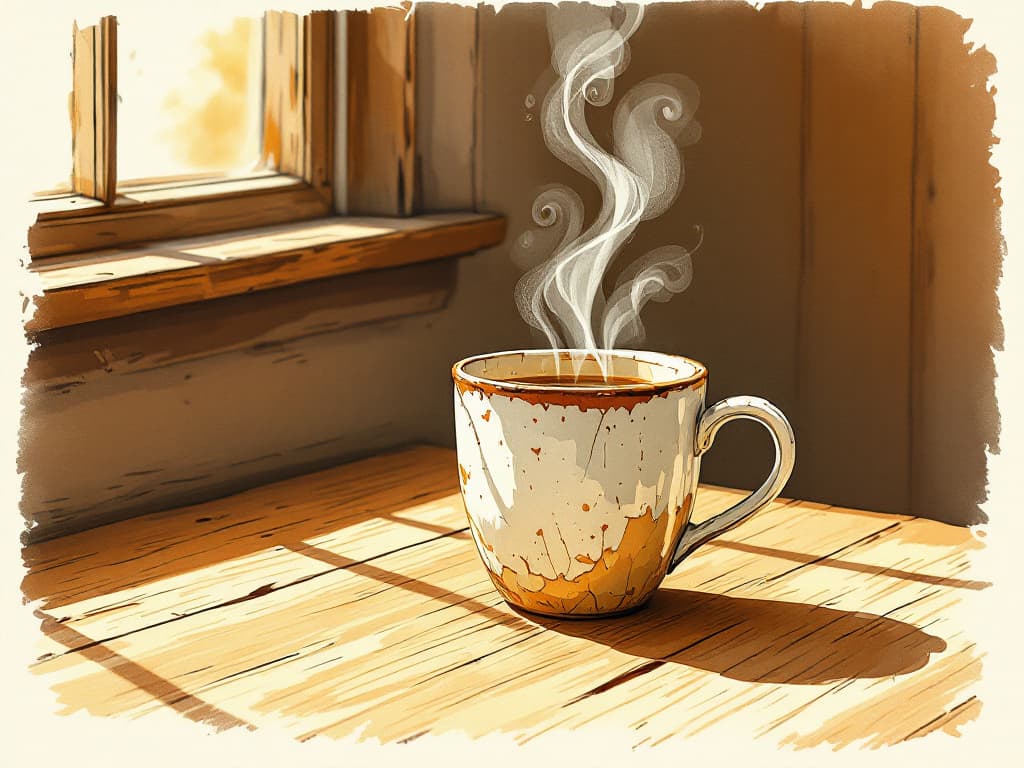 Hand-illustrated children's book plate in the style of Edward Ardizzone, a chipped ceramic coffee mug on a worn wooden table, warm morning sunlight raking ac...