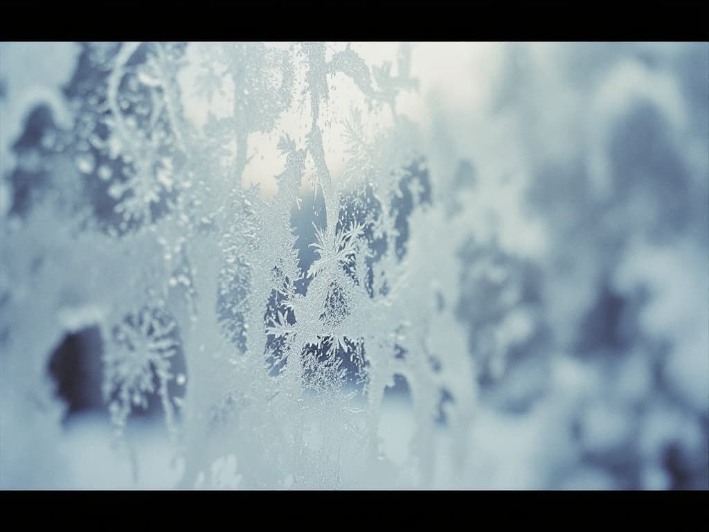 Soft-focus dream photography in the style of Francesca Woodman, close view of a frost-covered windowpane from the inside, pale blue-grey crystals feathering...