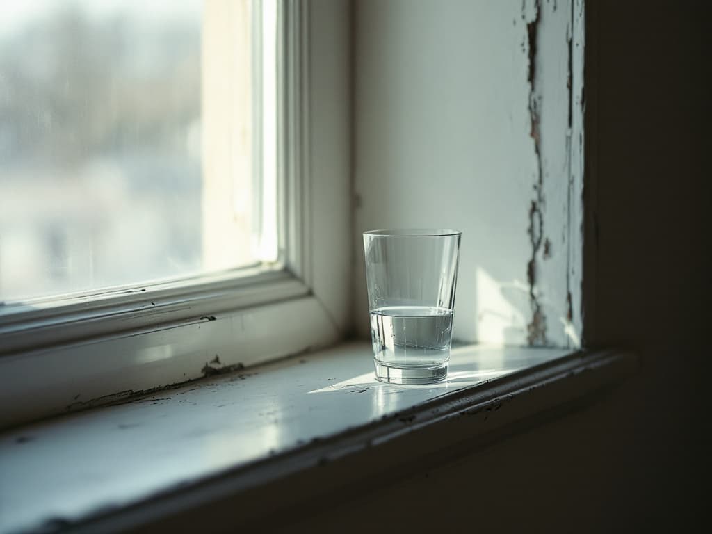 A single clear glass of water resting on a bare windowsill in early morning light, photographic realism inspired by Wolfgang Tillmans' quiet domestic still-l...