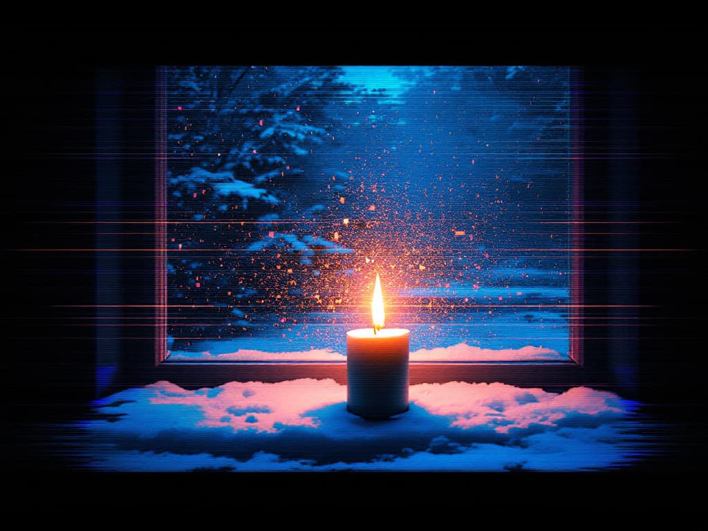 Digital glitch art in the style of Rosa Menkman, a snow-covered windowsill seen through a CRT television screen, horizontal displacement tears and RGB channe...