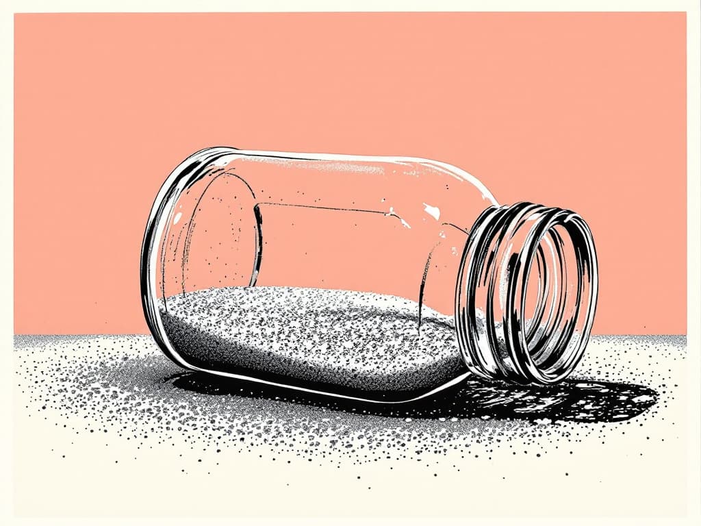 Two-color risograph print in black and pale coral on newsprint, a single empty glass jar lying on its side with a thin residue of salt crystals at the bottom...
