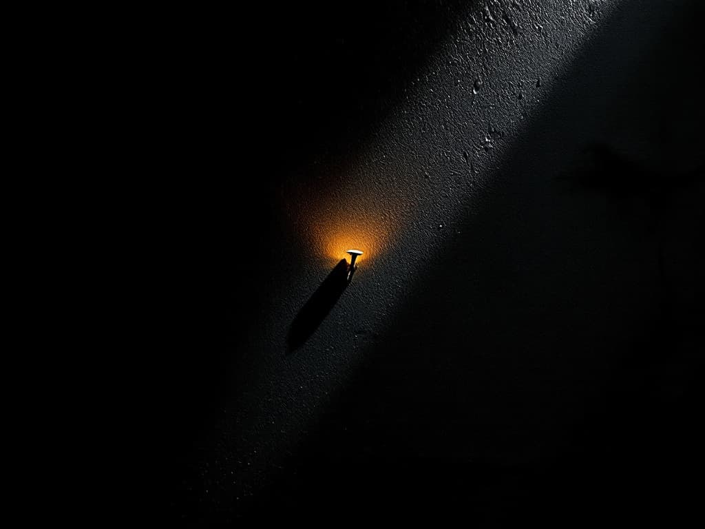 Film noir still in the style of 1940s cinema chiaroscuro: a single nail protruding from a dark plaster wall, illuminated by one hard sidelight source casting...