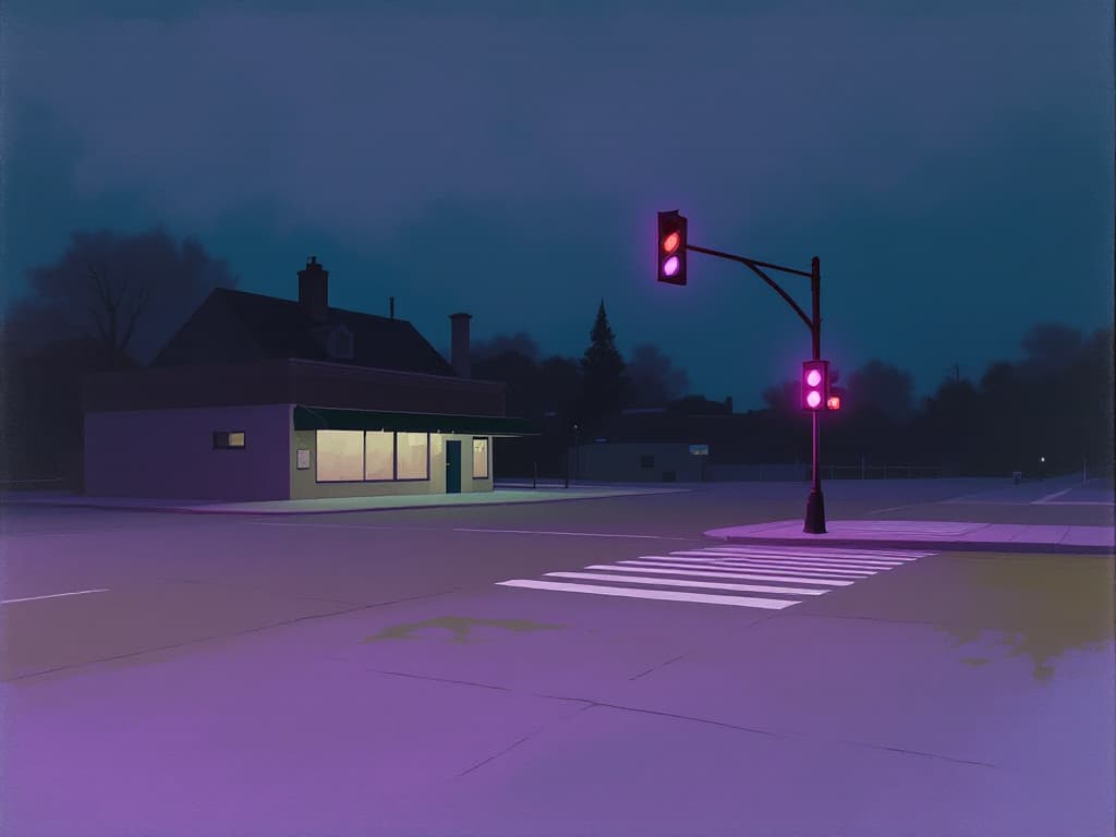 Edward Hopper composition, a wide empty intersection at dusk bathed in an eerie purple-violet light, a lone traffic signal glowing purple above a quiet cross...