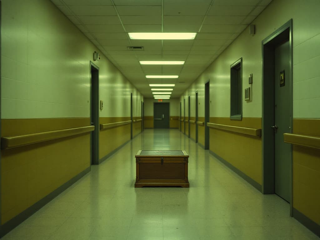 Empty institutional hallway photographed in the style of Gregory Crewdson's suburban stillness, fluorescent overhead tubes casting a flat yellow-white light...