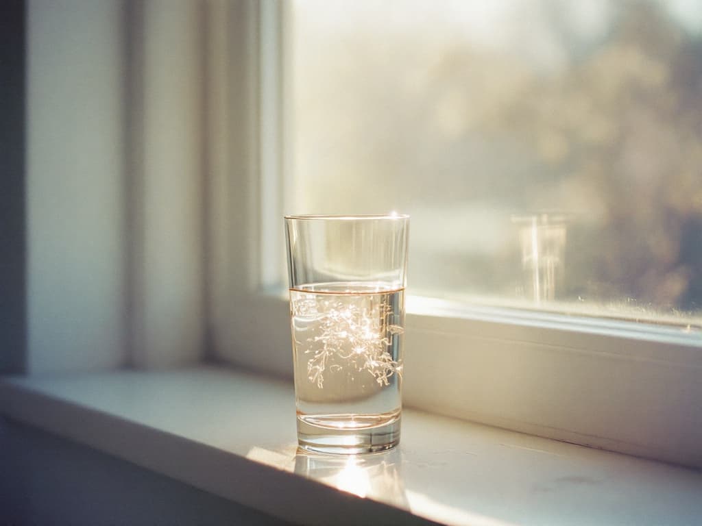 Soft-focus dream photography in the style of Francesca Woodman, a glass of water on a windowsill holding pale afternoon light, cool blue-grey and dusty rose...