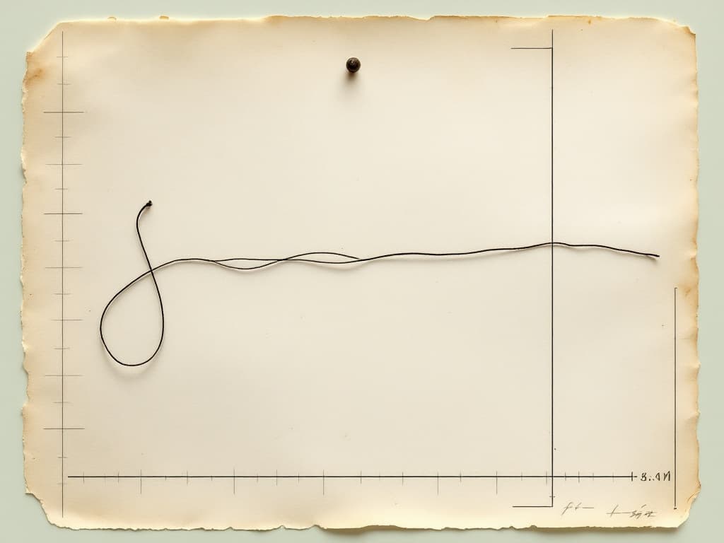 Vintage herbarium specimen sheet in the style of 19th-century anatomical botanical archives, a single length of dark surgical suture thread coiled and pinned...