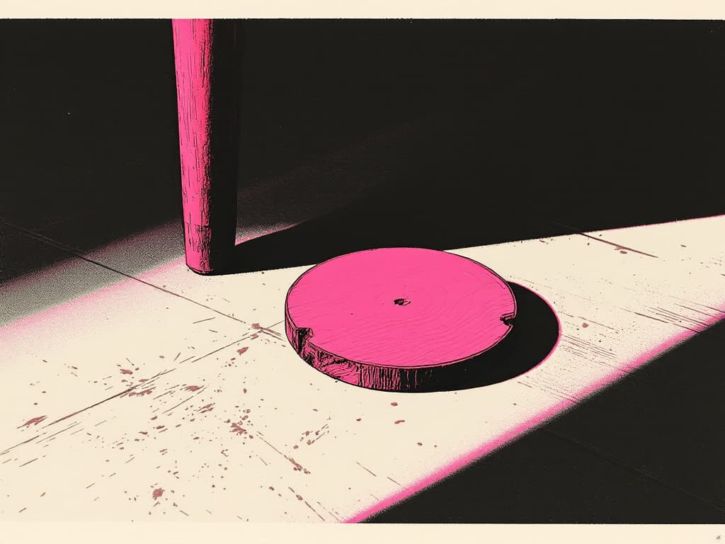 Two-color risograph print in fluorescent pink and black overprint on cream newsprint, a small wooden disk lying on its side catching a sliver of afternoon li...