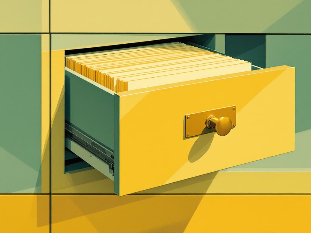 Mid-century modern flat graphic illustration in the style of Alvin Lustig, a library card catalogue drawer slightly ajar with a brass pull catching warm afte...