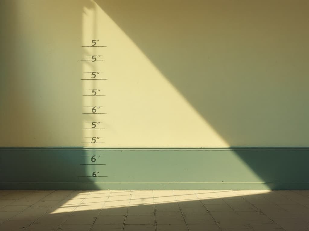 Edward Hopper composition, a bare interior wall with faint pencil-scratched height marks ascending from low to mid-height, the gap between the fifth and sixt...