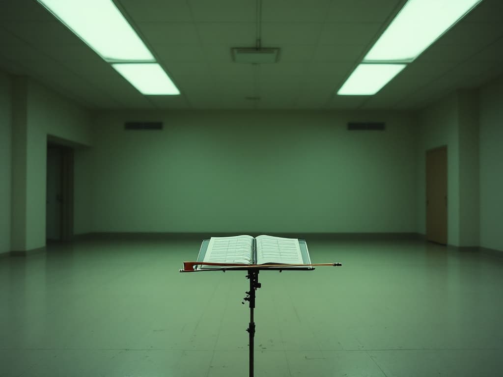 Empty institutional rehearsal hall, a single music stand illuminated by fluorescent overhead light casting a pale greenish wash, a horsehair bow resting acro...