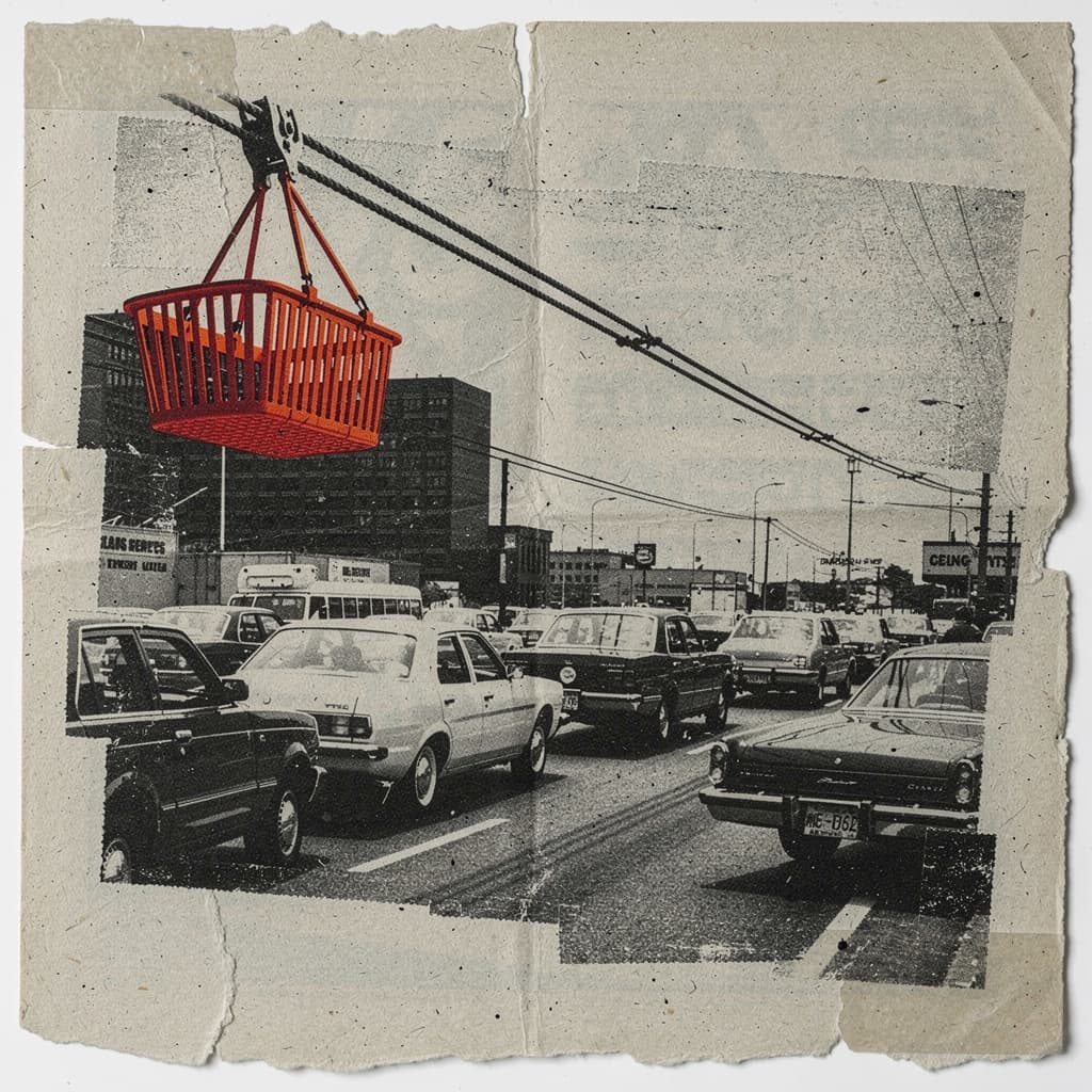 Punk zine cut-and-paste collage in the style of 1977 DIY xerox flyers: a red toll basket suspended on cables over a city avenue, photocopied high-contrast ha...