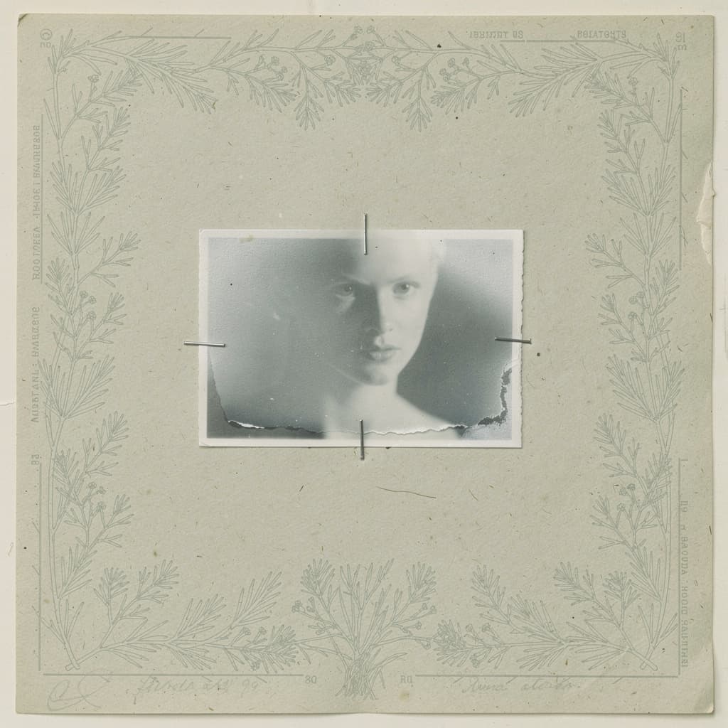 Vintage herbarium specimen sheet in the spirit of Anna Atkins's cyanotype botanical plates, but the pinned specimen is a photographic negative instead of a p...