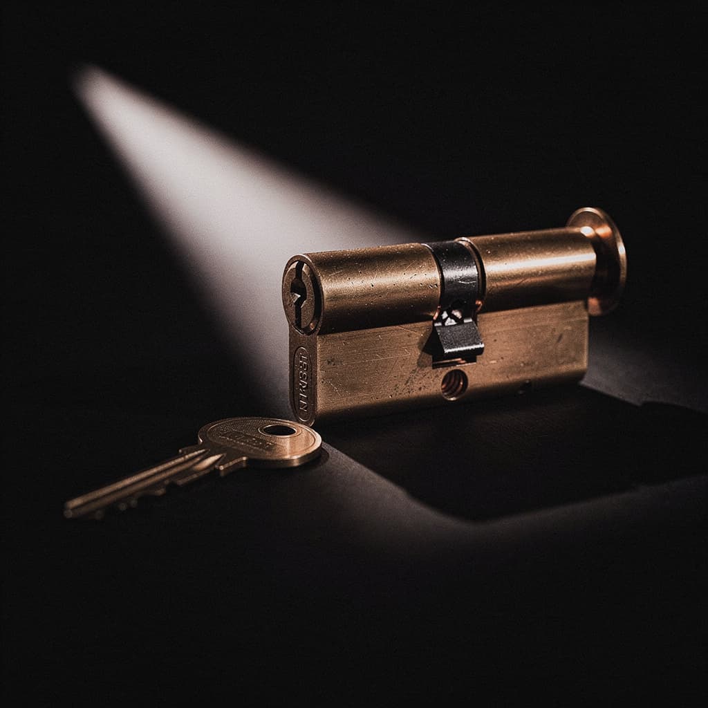 Film noir still in the style of a 1940s detective thriller: a single brass cylinder lock and its key held in a hard shaft of raking light against total darkn...