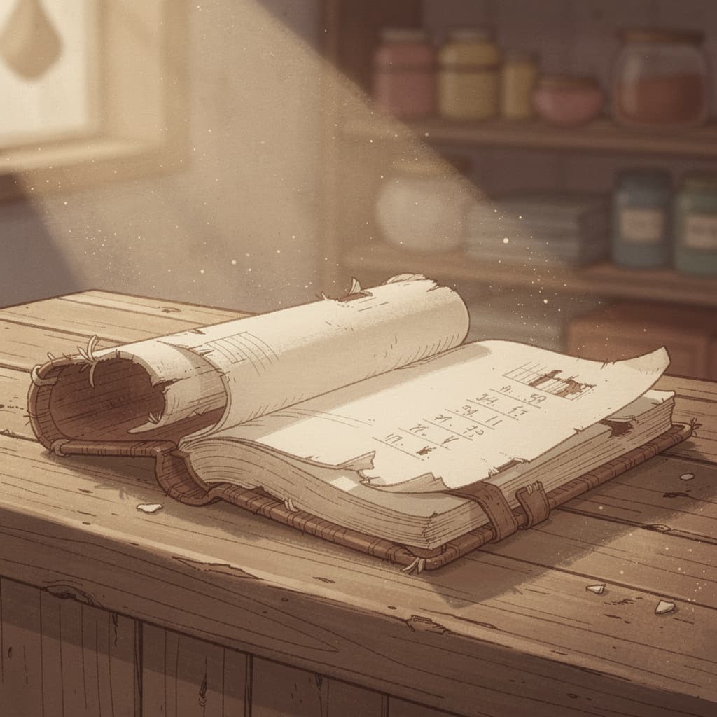 A hand-illustrated children's book plate in the style of a vintage general-store ledger illustration: a worn cloth-bound credit book lies open on a wooden co...