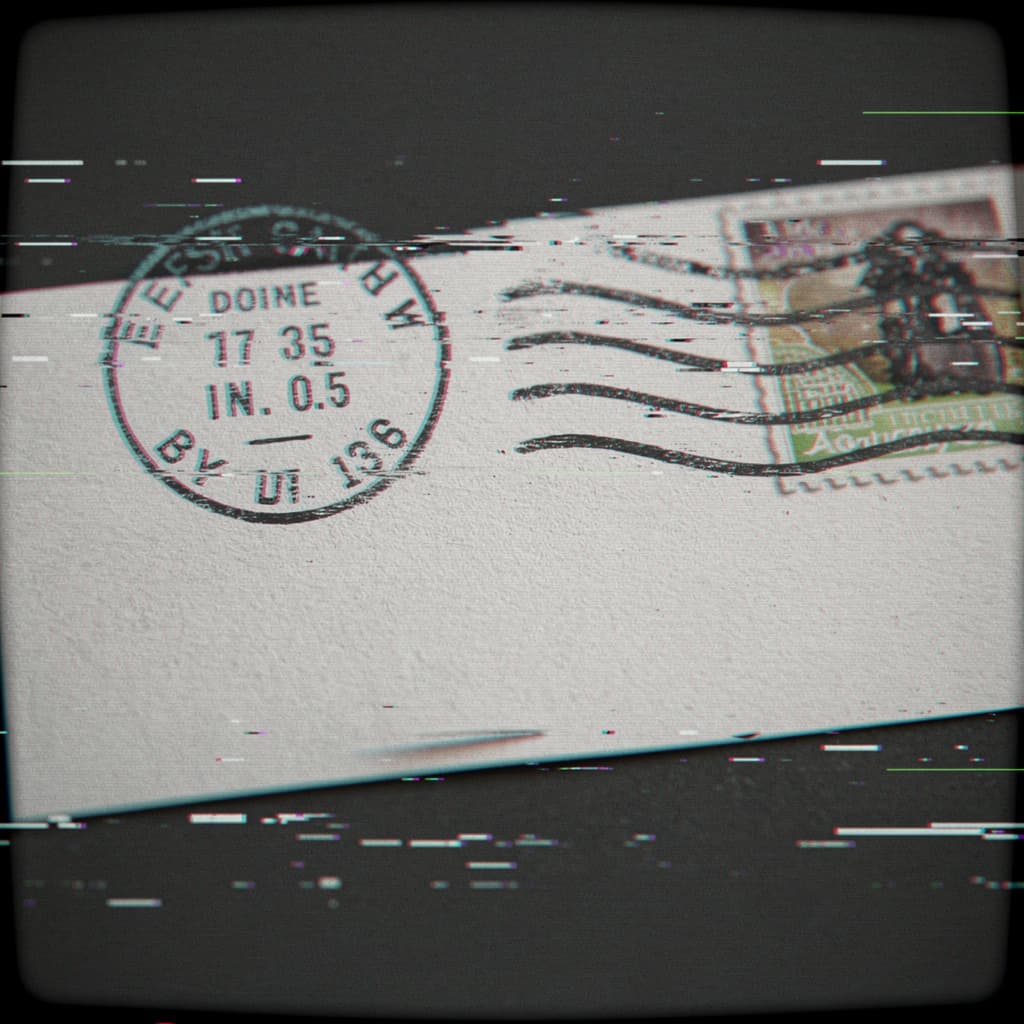 A close-up of a handwritten letter where the ink bleeds and dissolves into digital glitch tears, in the style of a corrupted VHS transfer of a personal archi...