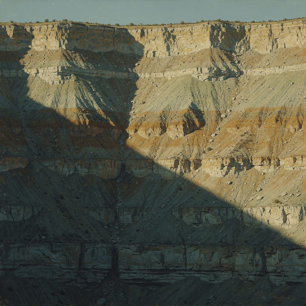 An Edward Hopper composition of an exposed canyon wall at late afternoon, sunlight raking low across horizontal bands of sediment in muted teal-grey and ochre.