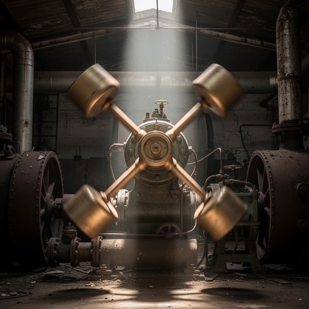 A centrifugal steam-engine governor with two weighted brass arms flung outward, photographed in an abandoned engine room, dust motes suspended in a single sh...