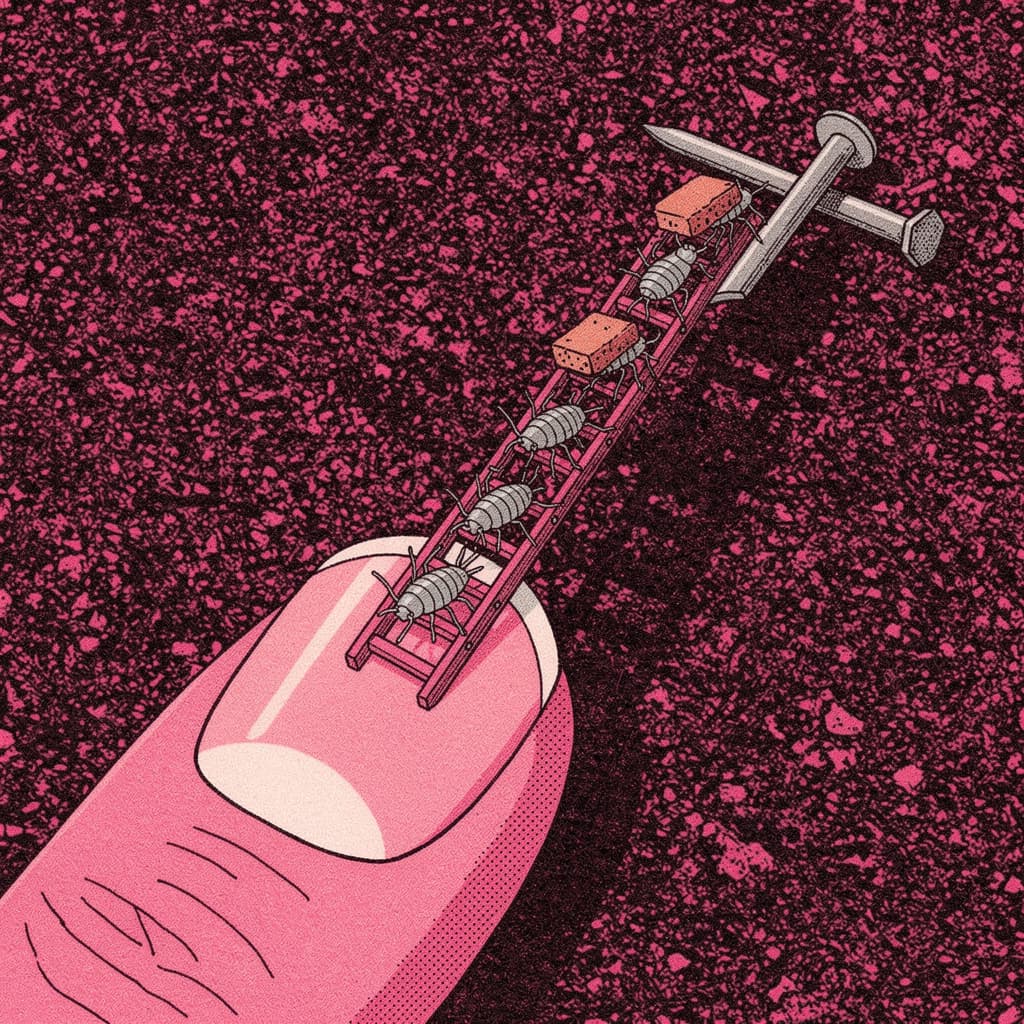 Two-color risograph print in fluorescent pink and black overprint, depicting a tiny wooden ladder rising from a human thumbnail toward a nail on a linoleum f...
