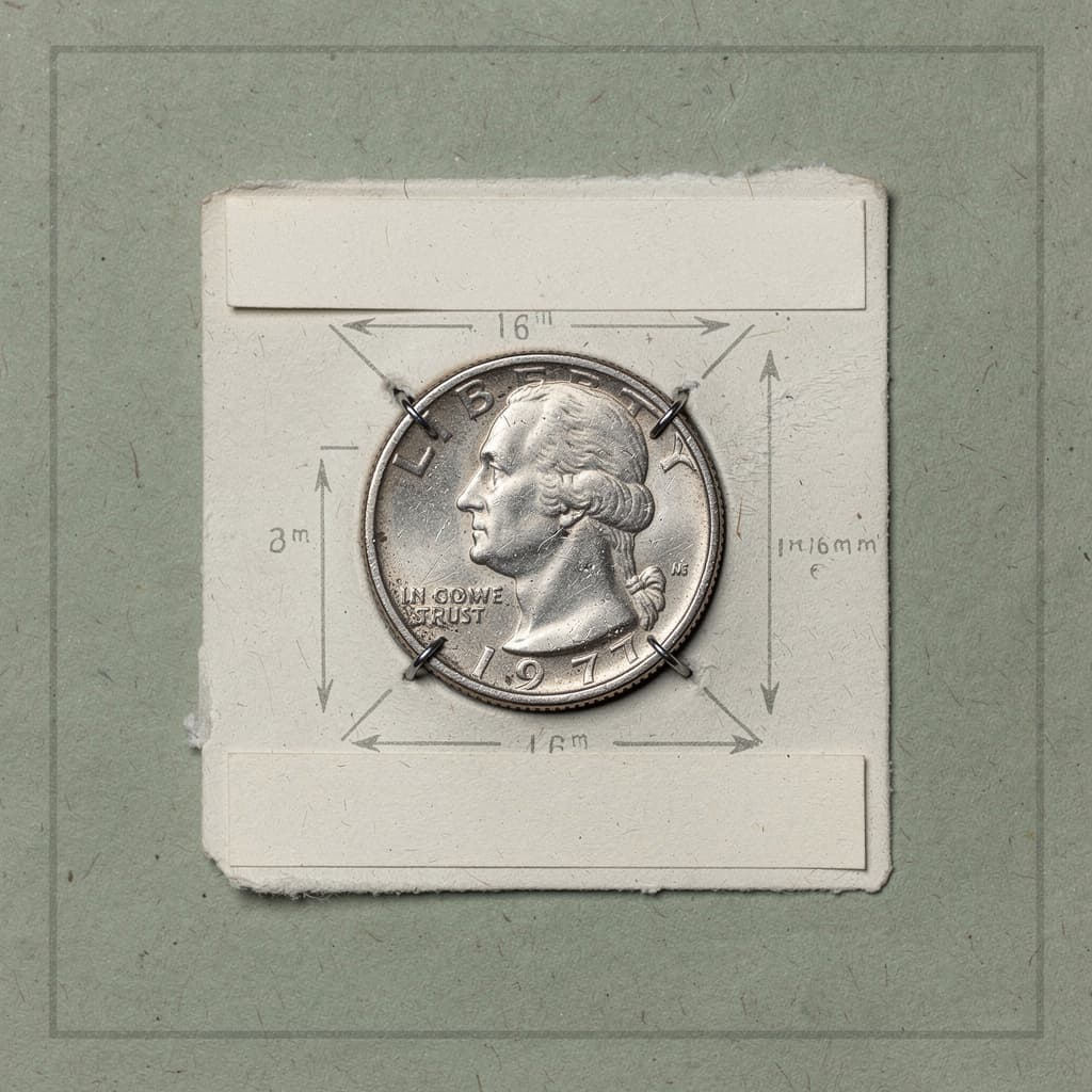A single nickel coin pinned and labeled like a specimen on a vintage herbarium archival sheet, rendered in fine hairline scientific illustration linework wit...