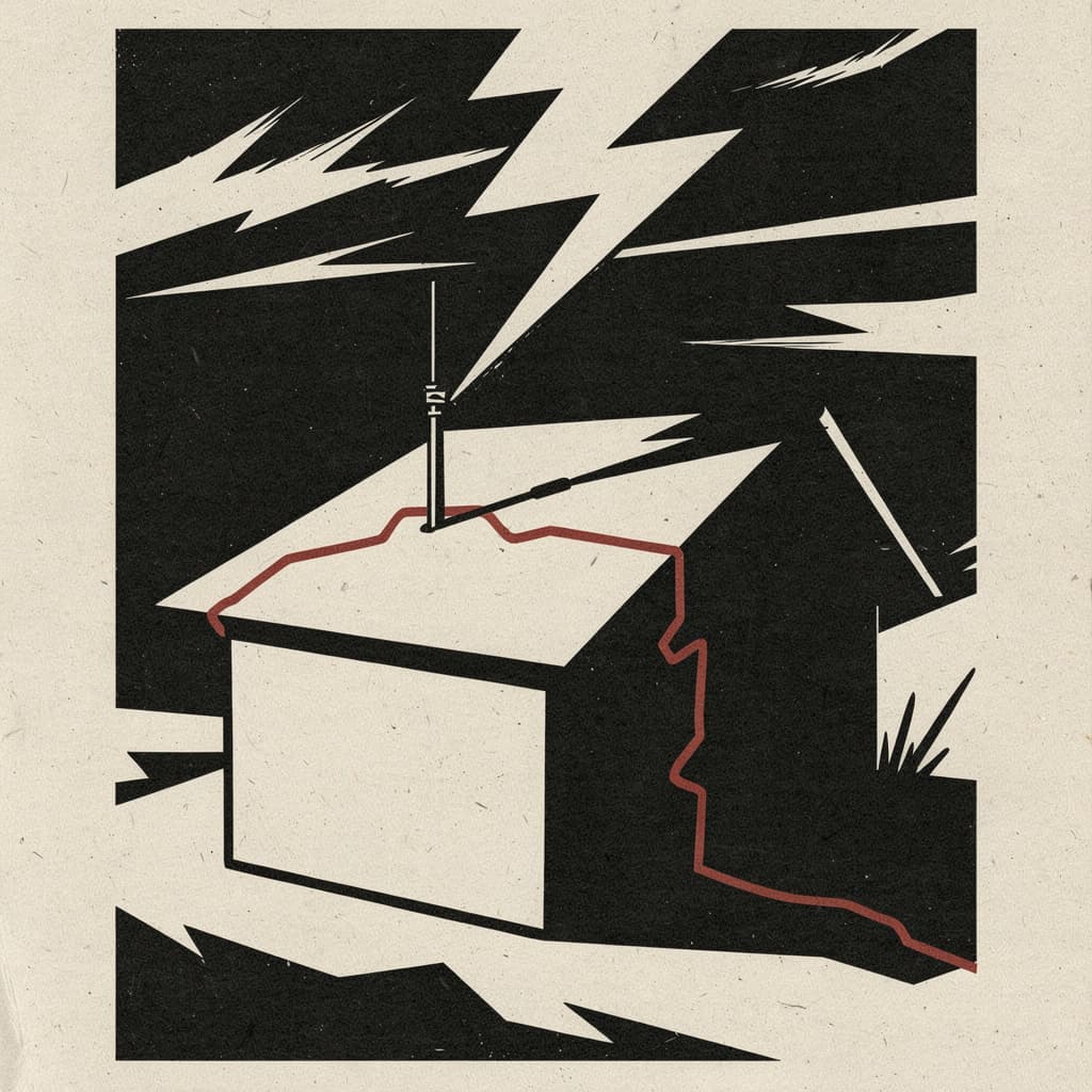 A brutalist editorial poster in the style of Soviet propaganda woodcuts: a lone metal rod atop a house, rendered in stark black ink on bone-colored paper, dr...