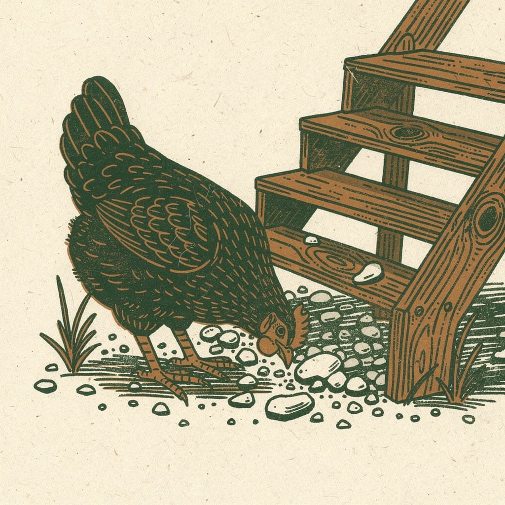 Hand-printed botanical zine illustration in the style of a two-color riso print, deep green and warm orange ink on cream newsprint, depicting a single hen be...