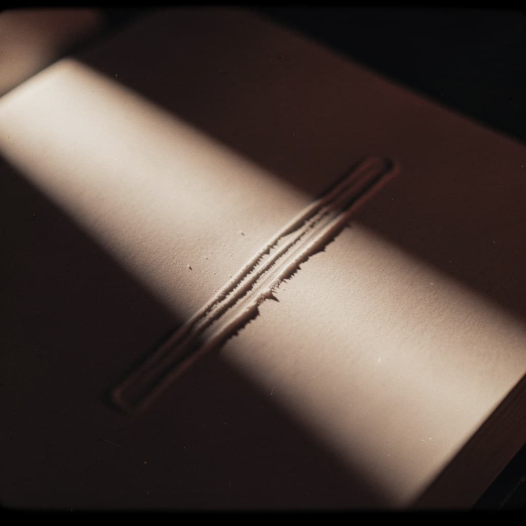 Film noir macro still in the style of classic 1940s chiaroscuro photography: a single hard raking light rakes across an open book page, revealing the deep in...