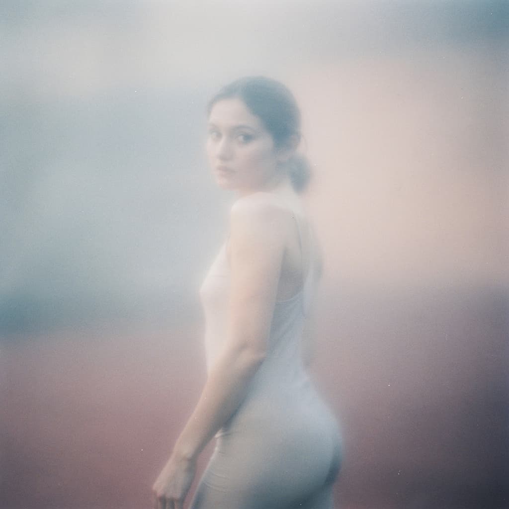 Soft-focus dream photography in the style of Rinko Kawauchi, a translucent figure glimpsed mid-turn with its gaze fixed backward over its shoulder while its...