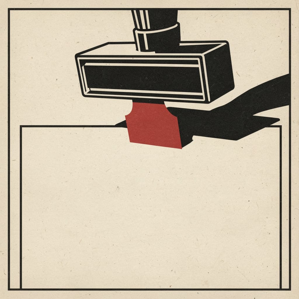 A brutalist editorial poster in the style of Constructivist propaganda woodcuts: a single oversized rubber stamp descending toward a blank sheet of paper, re...