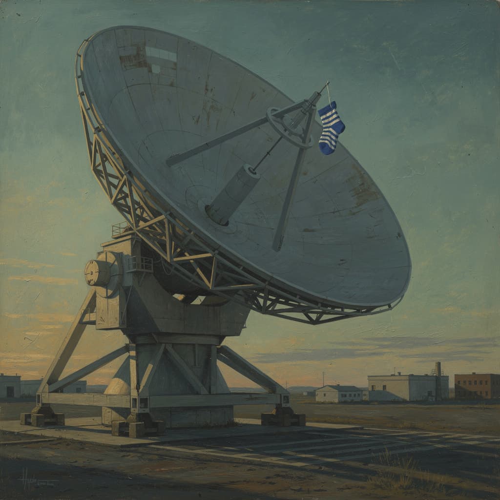 Edward Hopper composition of a colossal radio telescope dish tilted toward a dusk sky, painted in muted teal and ochre with long raking light and hard shadow...