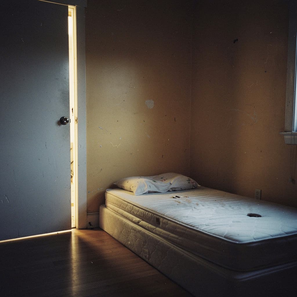An empty child's bedroom at dusk, photographed in the desaturated, suburban-liminal style of Todd Hido: a single small pillow turned up at the corner on a ba...
