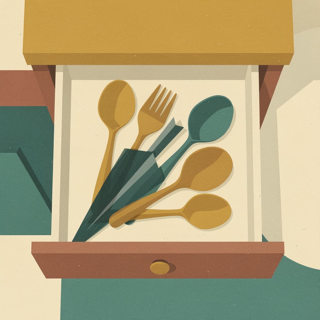A mid-century modern graphic illustration in the style of Alvin Lustig: a flat geometric chisel nestled among mismatched spoons in an open kitchen drawer, bo...