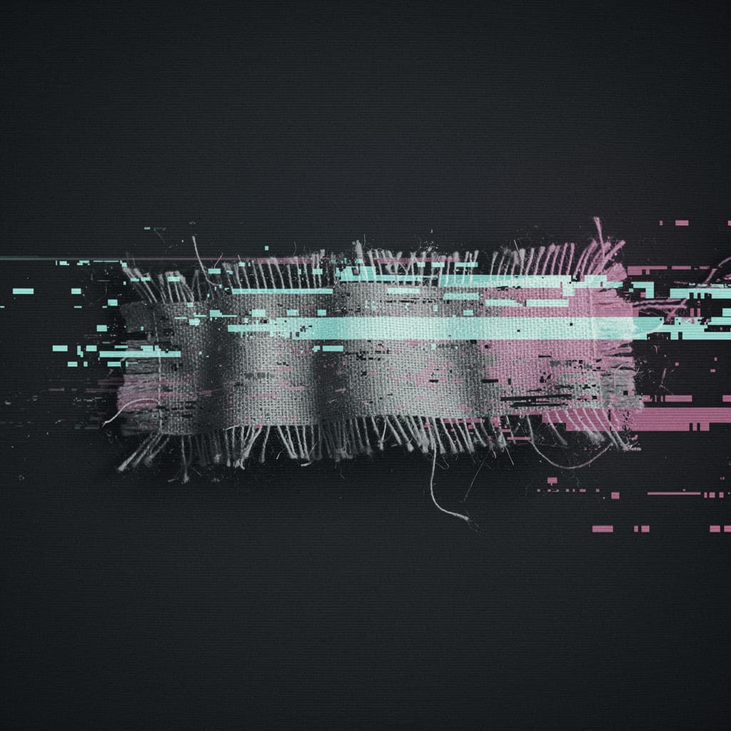 A single unfinished garment hem caught mid-dissolution, its raw threads pixel-sorting into horizontal datamosh tears, in the style of Rosa Menkman's glitch s...
