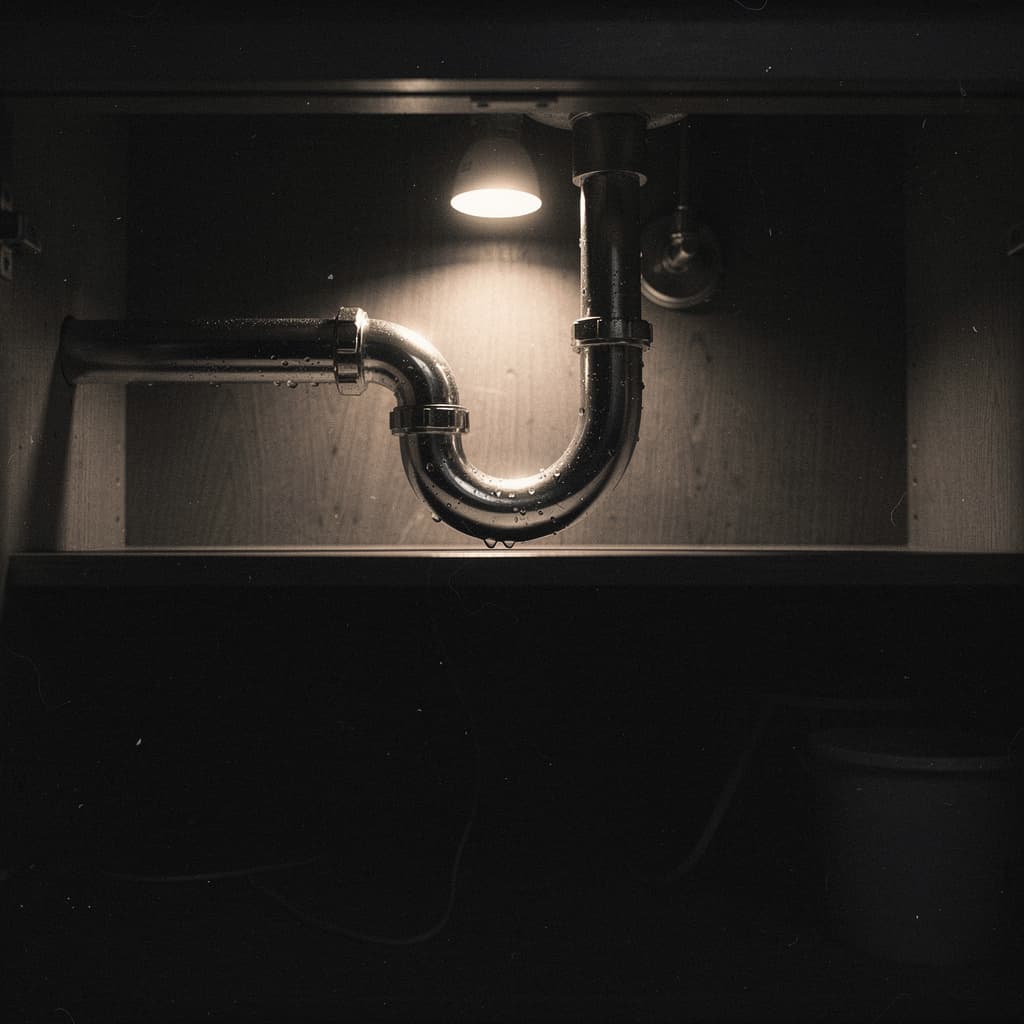 Film noir still in the style of a 1940s cinema chiaroscuro shot: beneath a kitchen sink, a curved P-trap pipe glistens under a single hard bulb of light, the...
