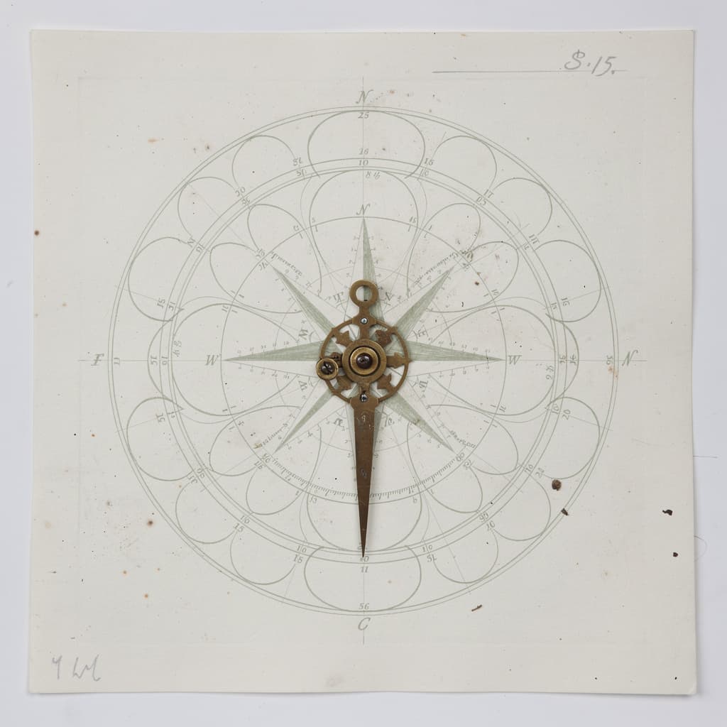 An archival scientific plate in the style of a 19th-century naval instrument catalogue: a single brass compass rose and needle pinned flat on cold neutral pa...