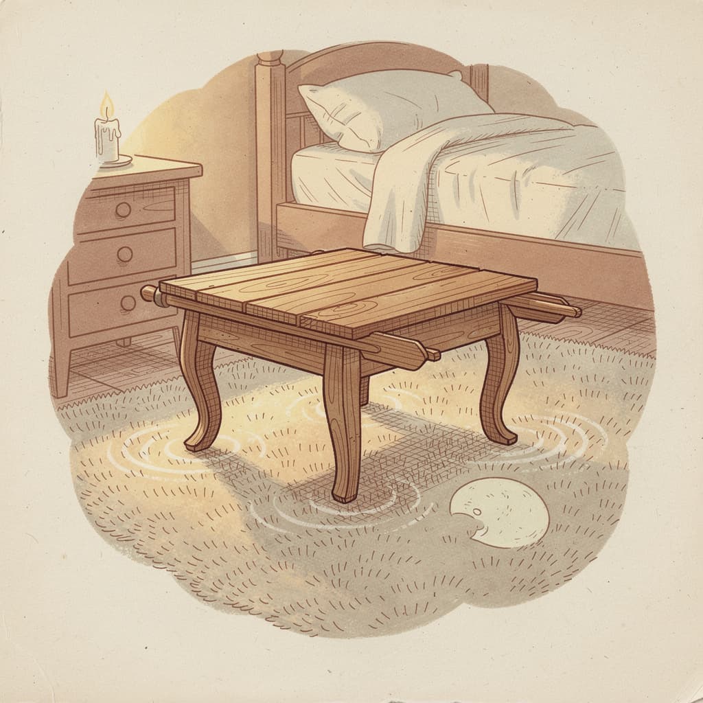 A hand-illustrated children's book plate in the style of vintage Golden Books, showing a wooden bedside table with legs bent like a rowing oar, mid-transform...