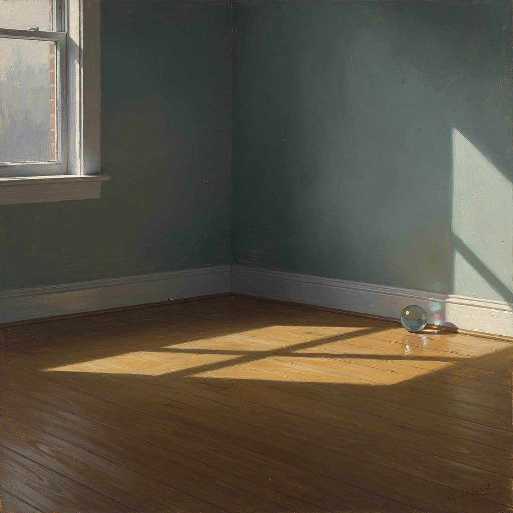 Edward Hopper style painted interior, a bare wooden floor lit by low late-afternoon light slanting through a single window, muted teal walls and ochre floorb...