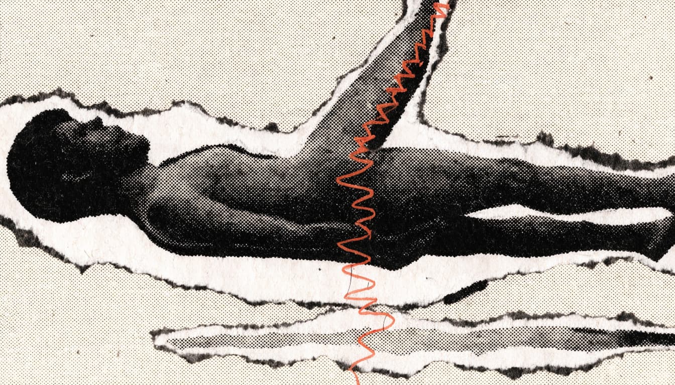 A punk zine cut-and-paste collage of a torn paper silhouette lying supine, its jagged edge stitched shut with a hand-drawn red thread that trails off into a...