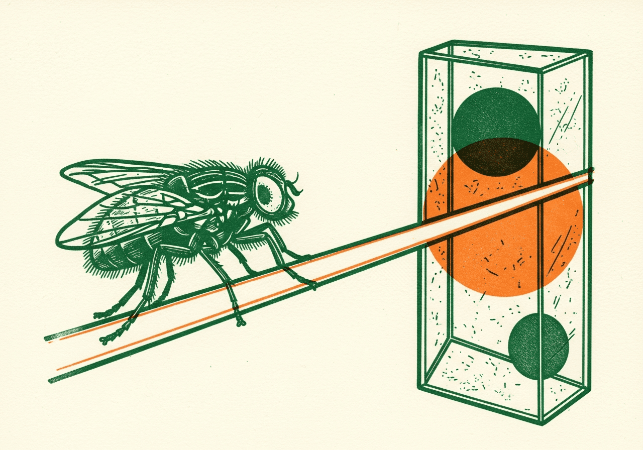 Hand-printed botanical zine illustration, two-color riso print in deep green and warm orange on cream ground, a bold woodcut-style housefly walking along an...
