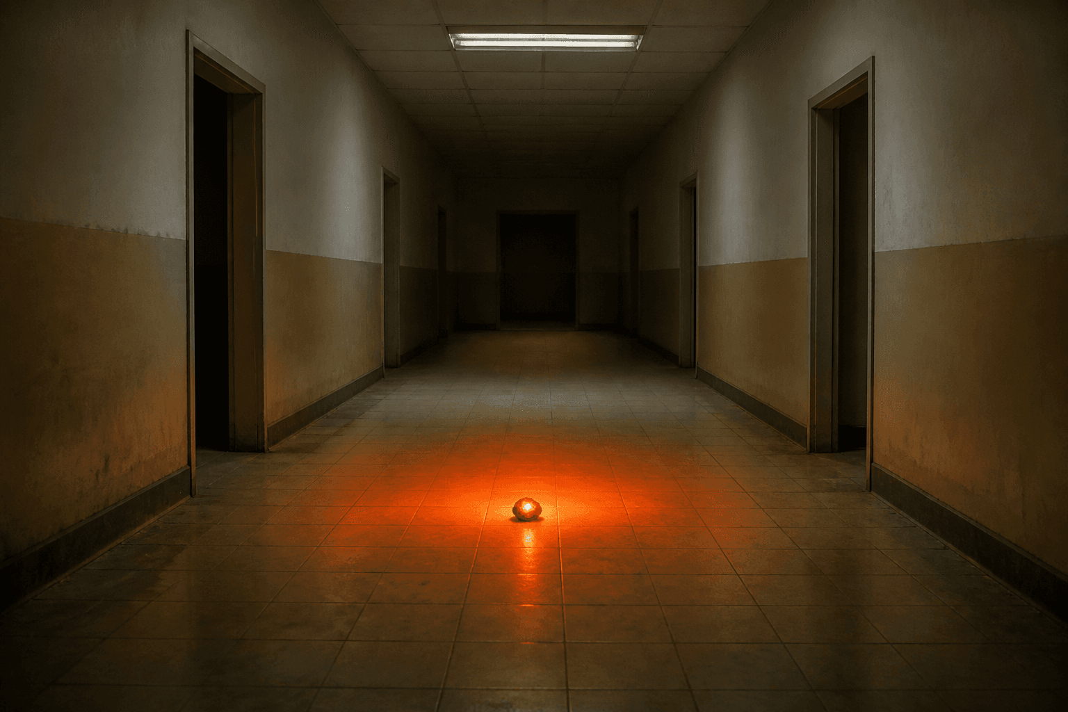 An abandoned institutional corridor rendered in desaturated liminal-space photographic realism, fluorescent tube light humming overhead, empty of any figure;...
